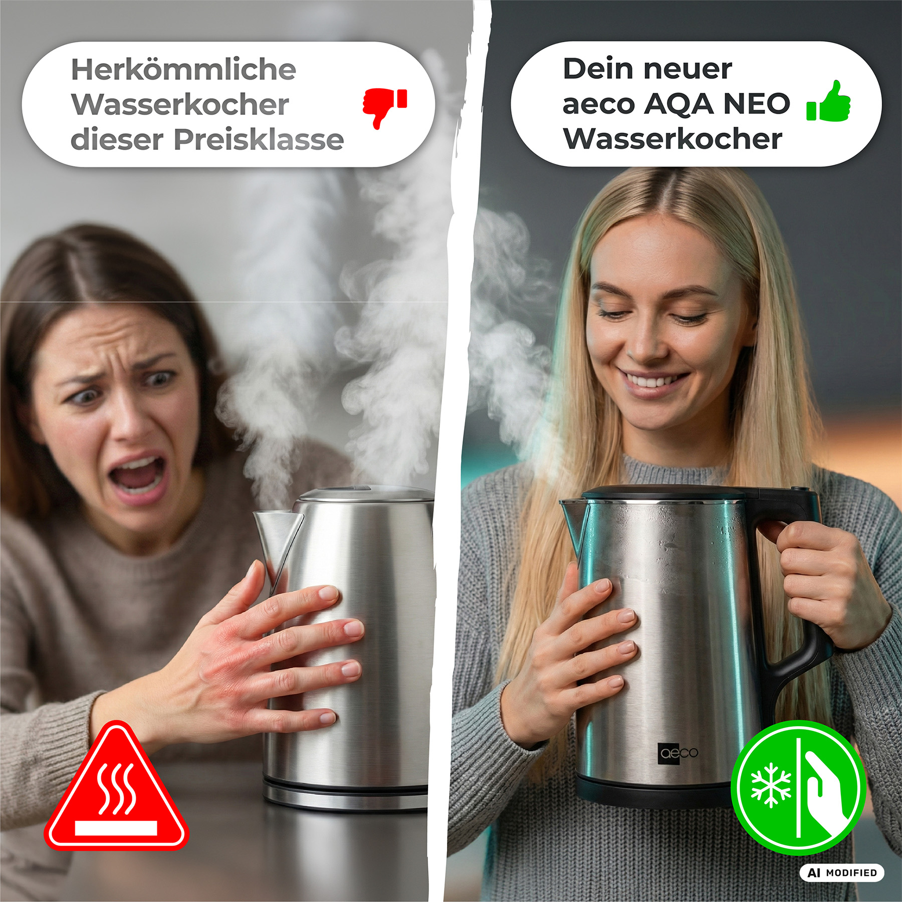 Vergleich zweier Wasserkocher: links eine Frau mit roten Händen, rechts eine Frau mit neuem Wasserkocher.