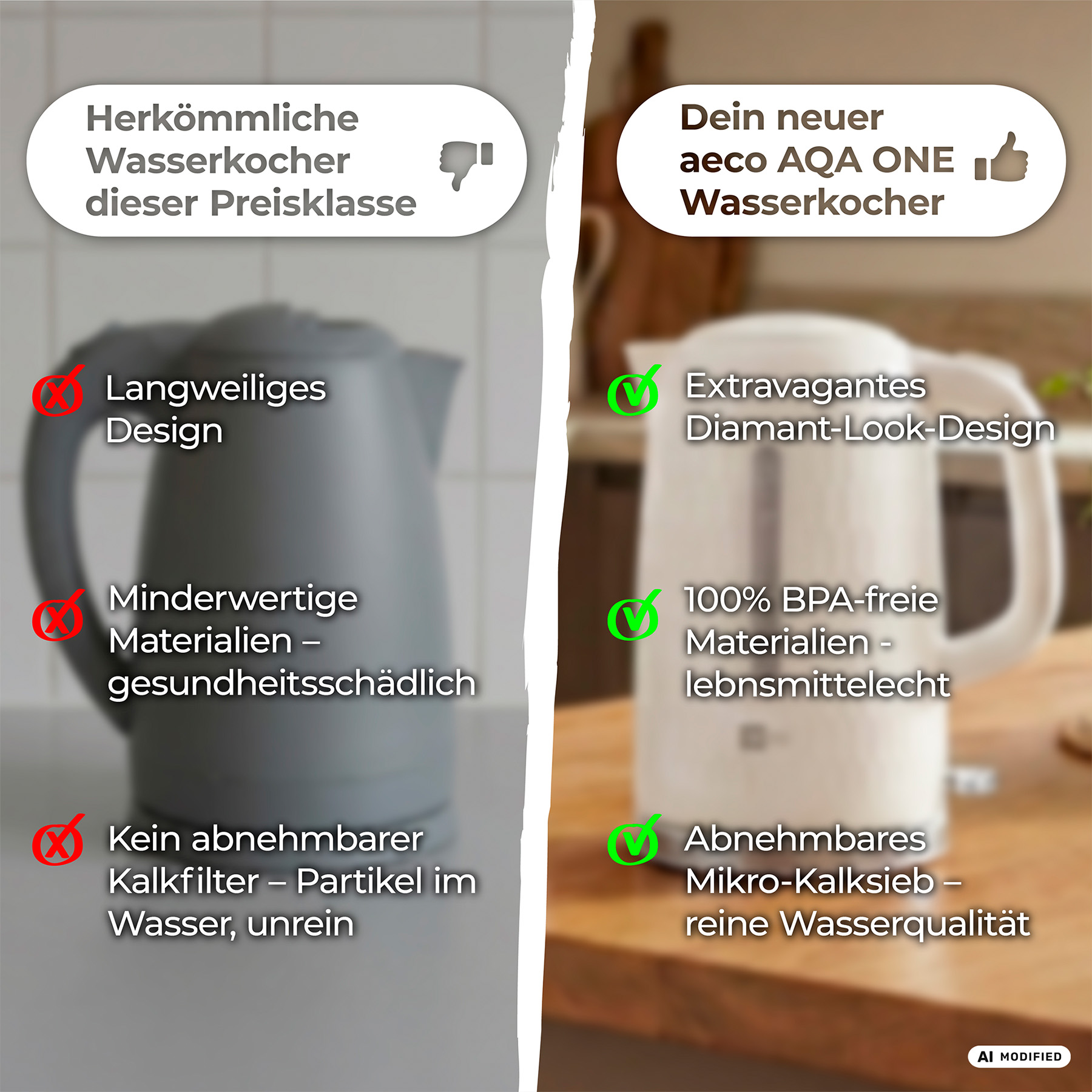 Grauer Wasserkocher mit negativen Merkmalen vs. weißer Wasserkocher mit positiven Merkmalen.
