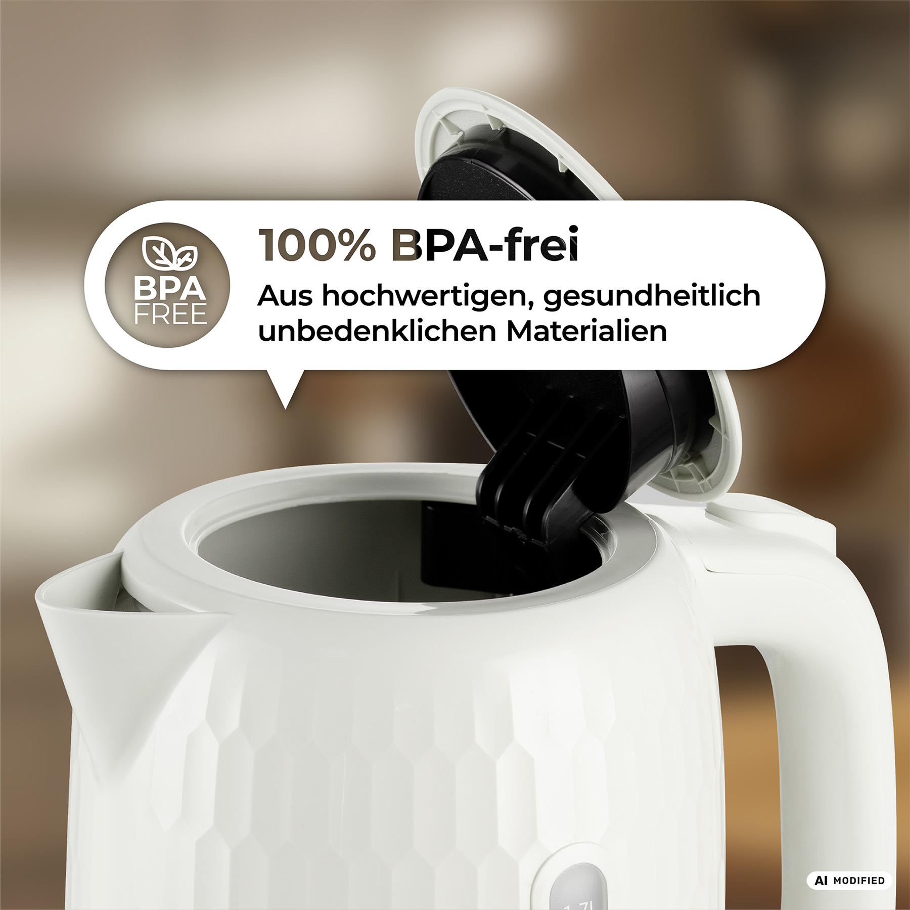 Eine weiße Wasserkocher-Oberseite mit offenem Deckel und BPA-frei-Aufschrift.