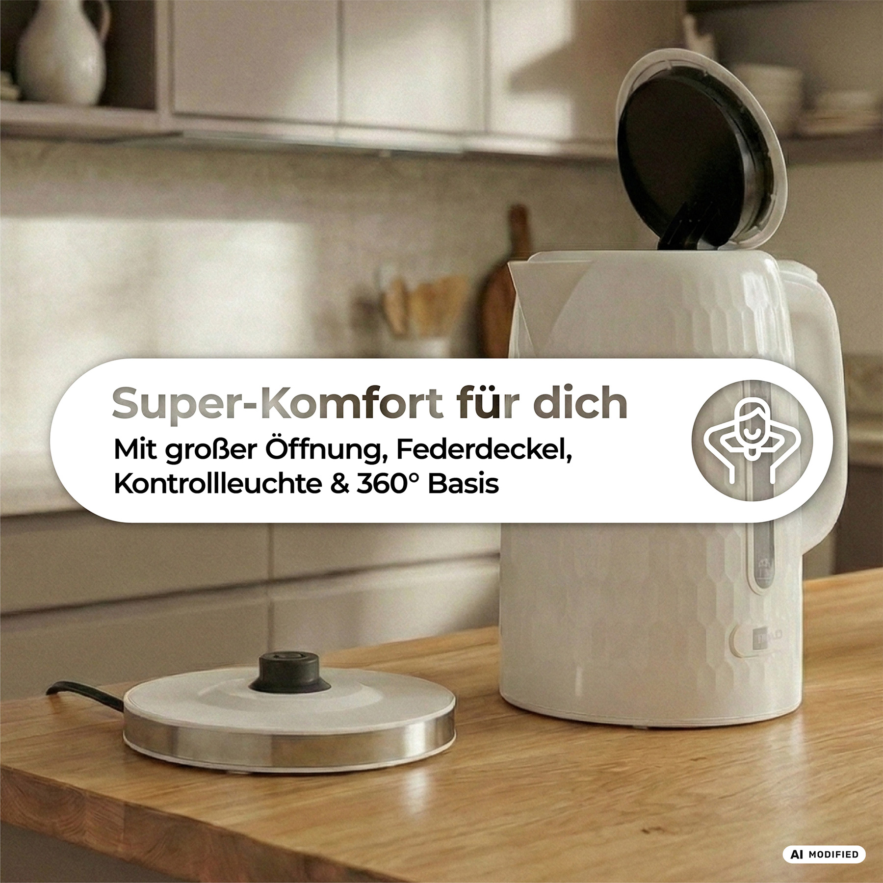 Ein weißer Wasserkocher mit offenem Deckel steht auf einem Holztisch. Daneben liegt der Sockel.