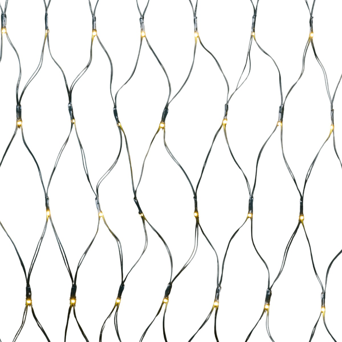 A net of thin wires with small lights on a white background.