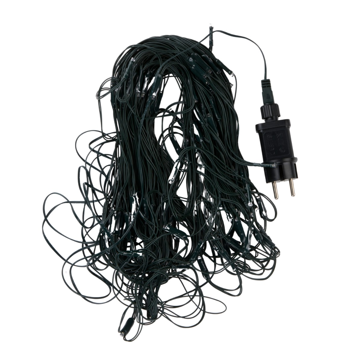 A pile of dark green string lights with a black plug on a white background.