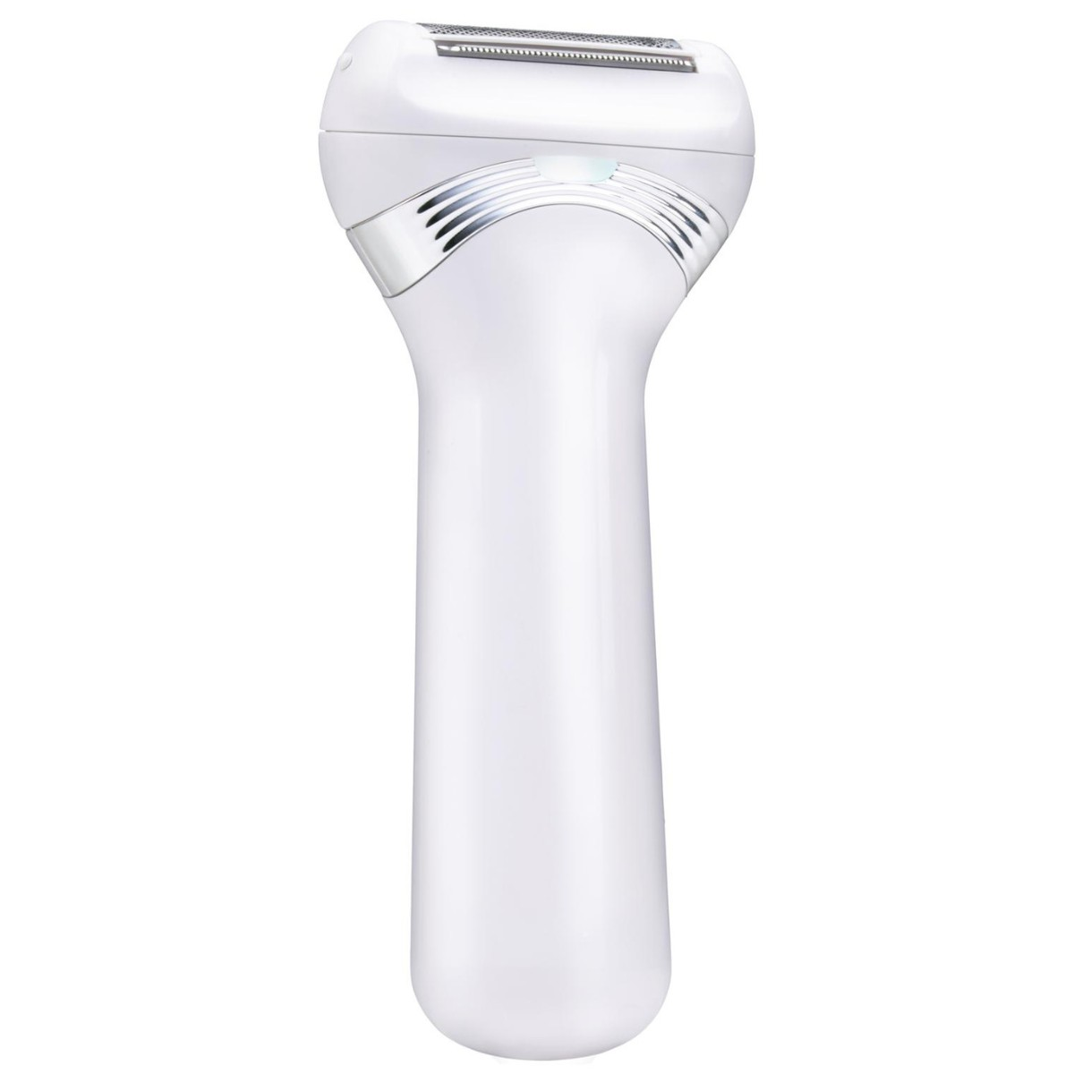 Een witte, slanke damesrazor met zilveren accenten en een scheerkop.