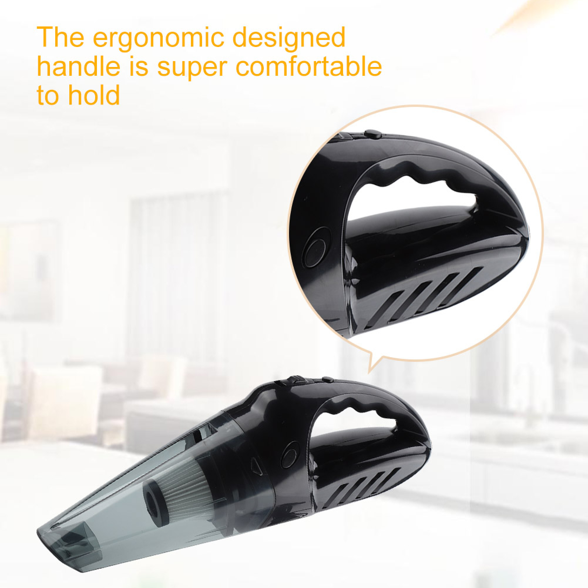 Schwarzer Handstaubsauger mit transparentem Behälter und Filter. Ergonomischer Griff.
