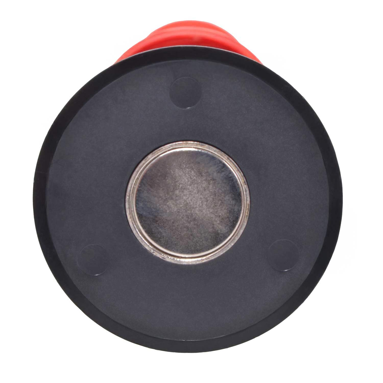 Schwarze runde Basis mit silbernem Magneten und rotem Griff darüber.