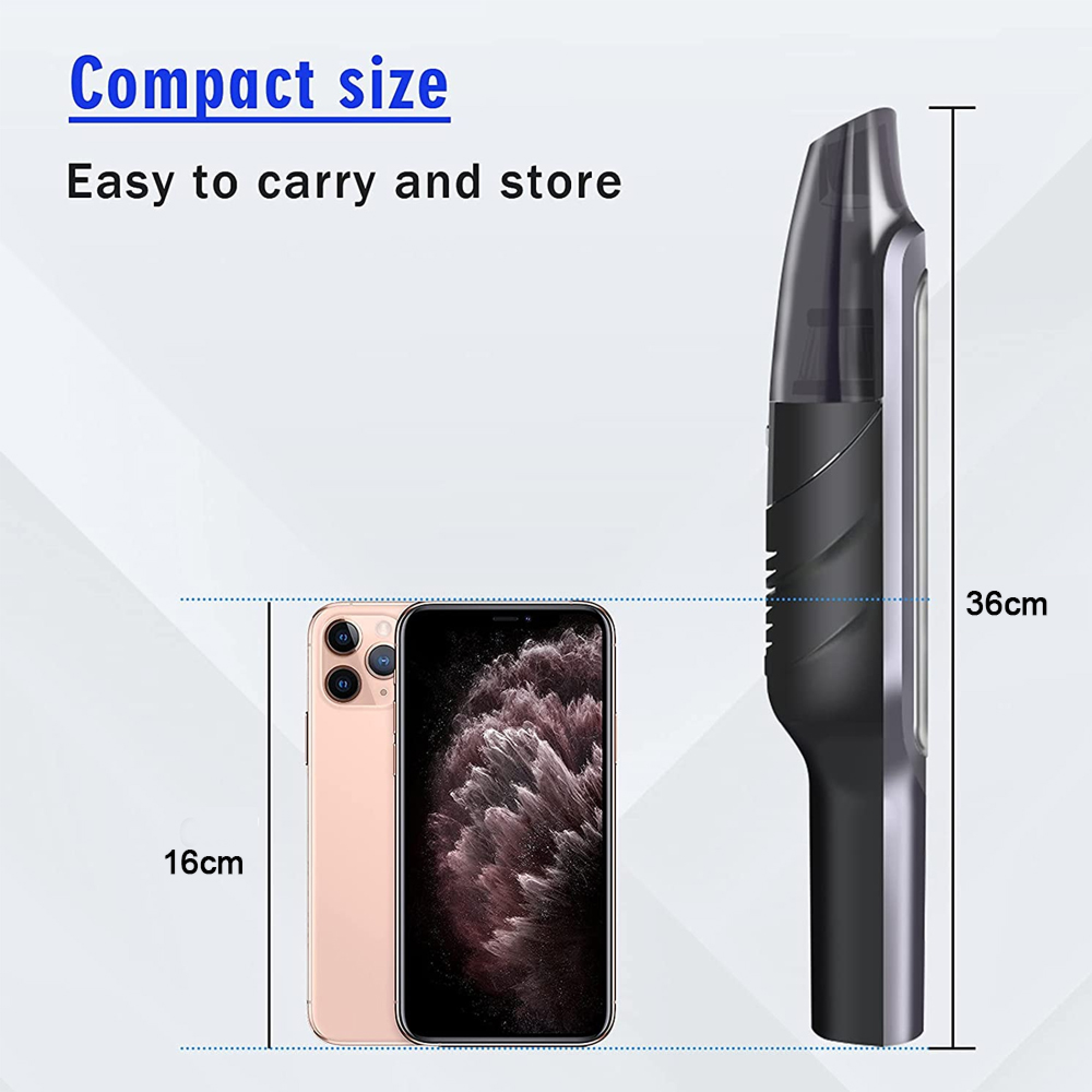 Ein 36cm schwarzer Staubsauger neben einem 16cm Handy.