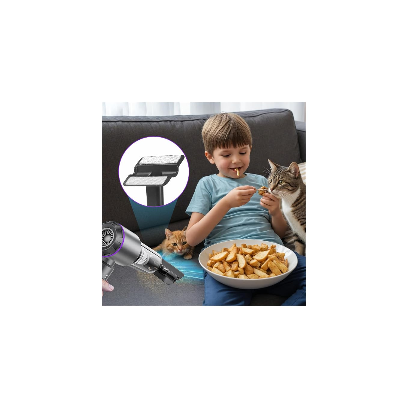Junge mit zwei Katzen isst Pommes auf Sofa. Staubsauger im Vordergrund.