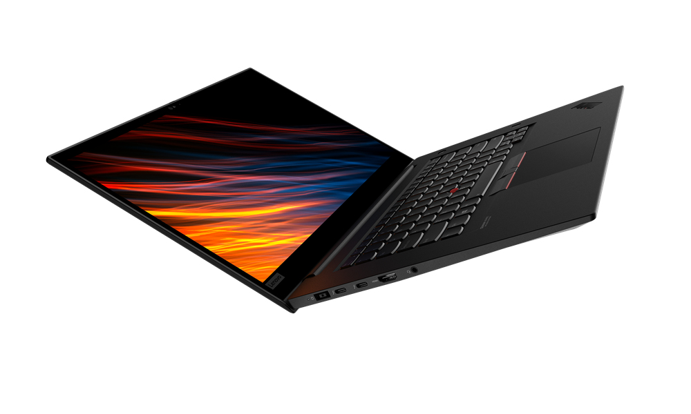 Zwarte Lenovo laptop met levendige abstracte achtergrond op het scherm.