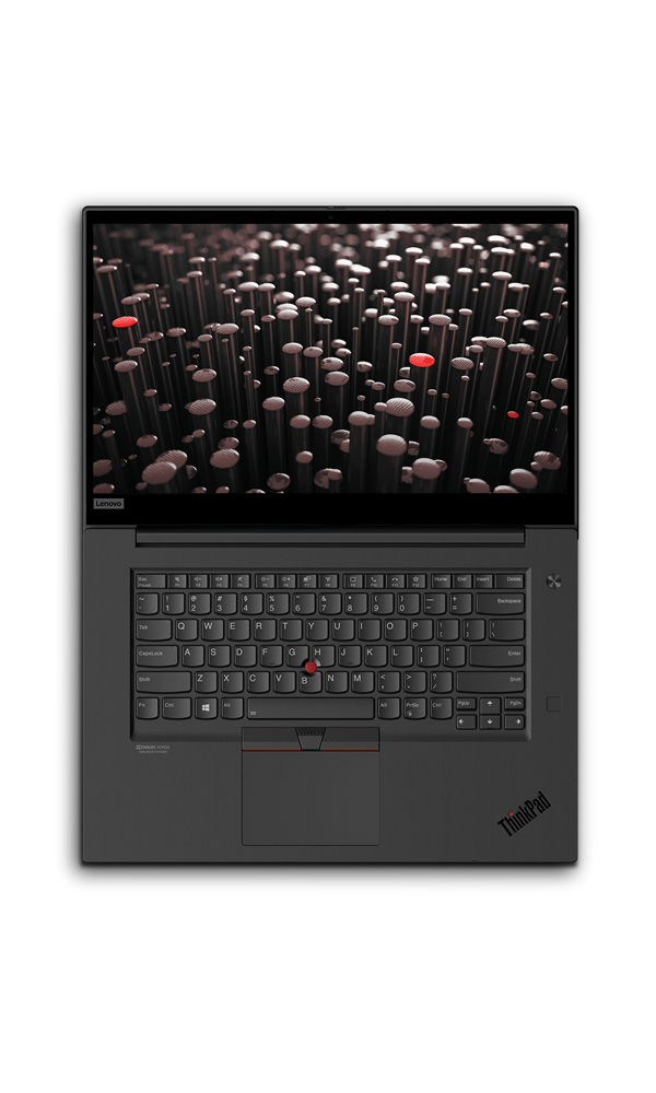 Een zwarte ThinkPad-laptop is open, met een toetsenbord met rode trackpoint en een scherm dat een donker abstract patroon toont.