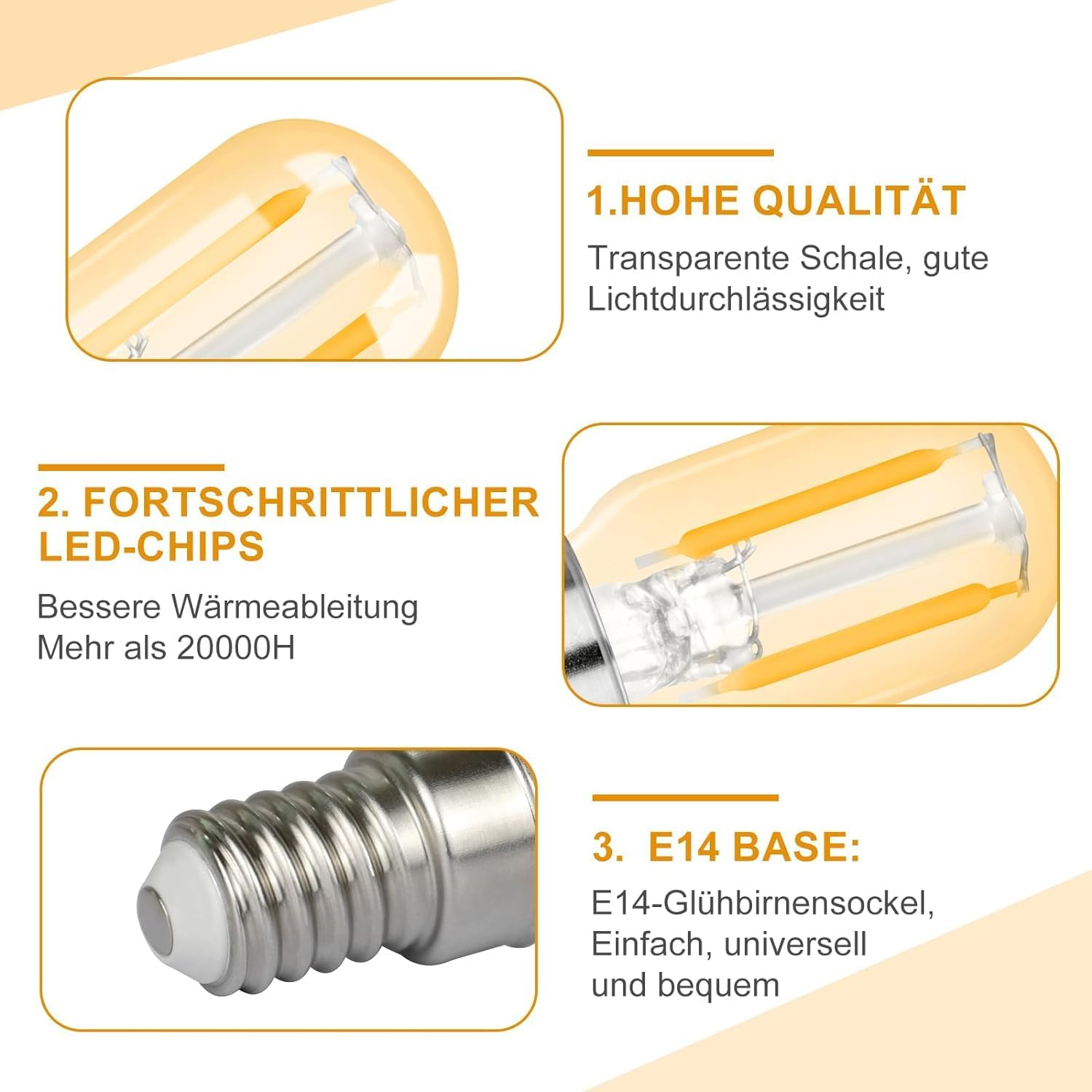 Nahaufnahme einer LED-Lampe mit E14-Sockel und Beschreibung der Qualität.