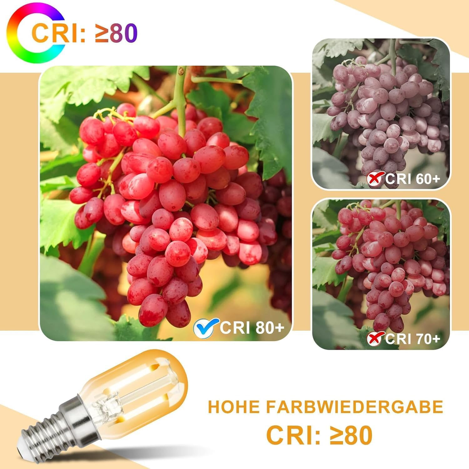 Rote Trauben mit CRI 80+, daneben Trauben mit CRI 60+ und CRI 70+.
