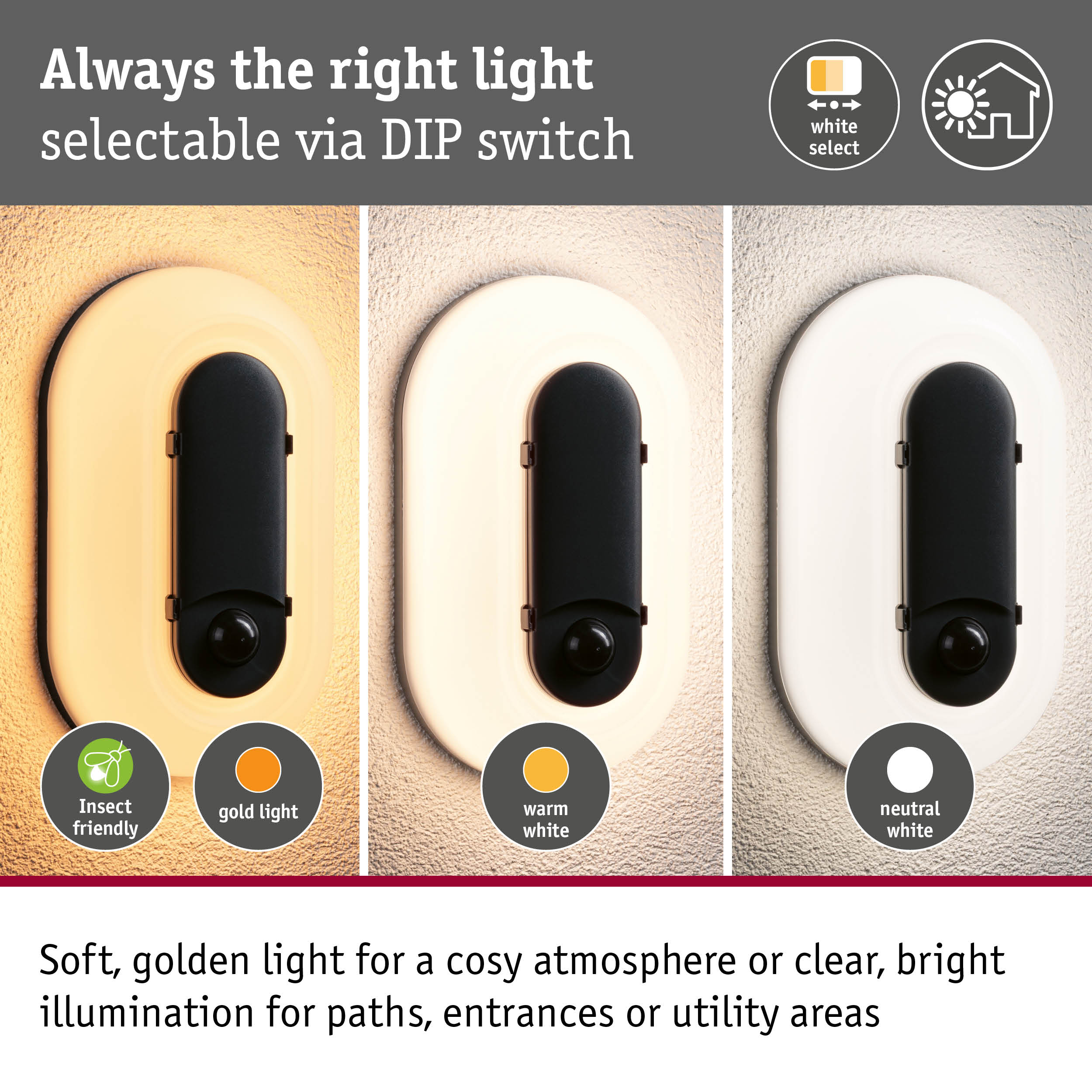 Drei Wandleuchten zeigen verschiedene Lichttemperaturen: gold, warm und neutral.