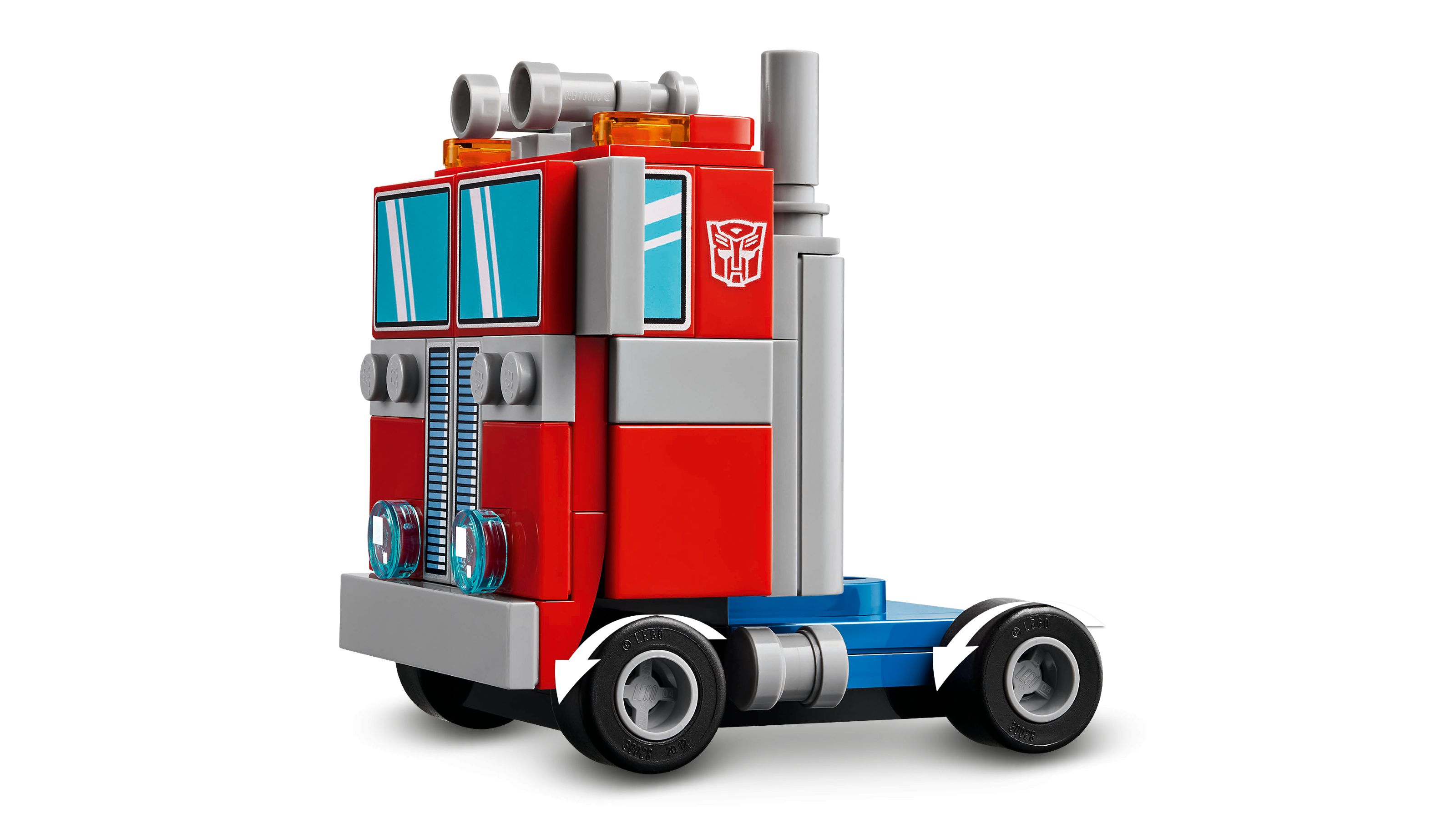Mavi şasi ve tekerlekli kırmızı ve gri Lego kamyon.