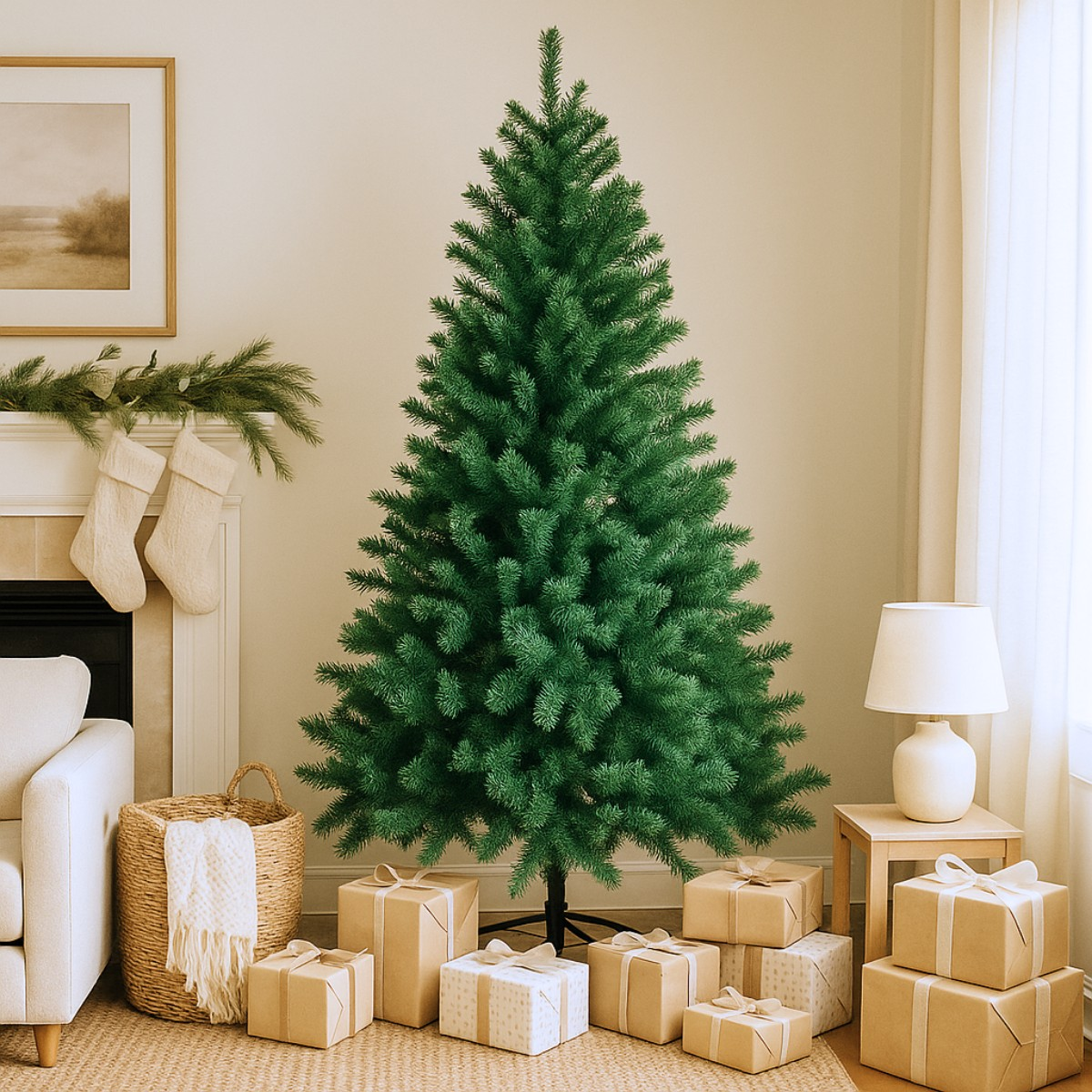 A decorated fireplace with stockings, a green Christmas tree, and gifts.