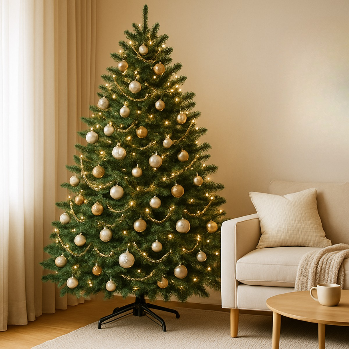 A decorated Christmas tree with gold and white ornaments and lights.