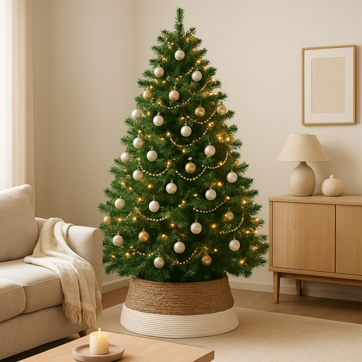 A decorated Christmas tree with lights, baubles, and beads in a living room.