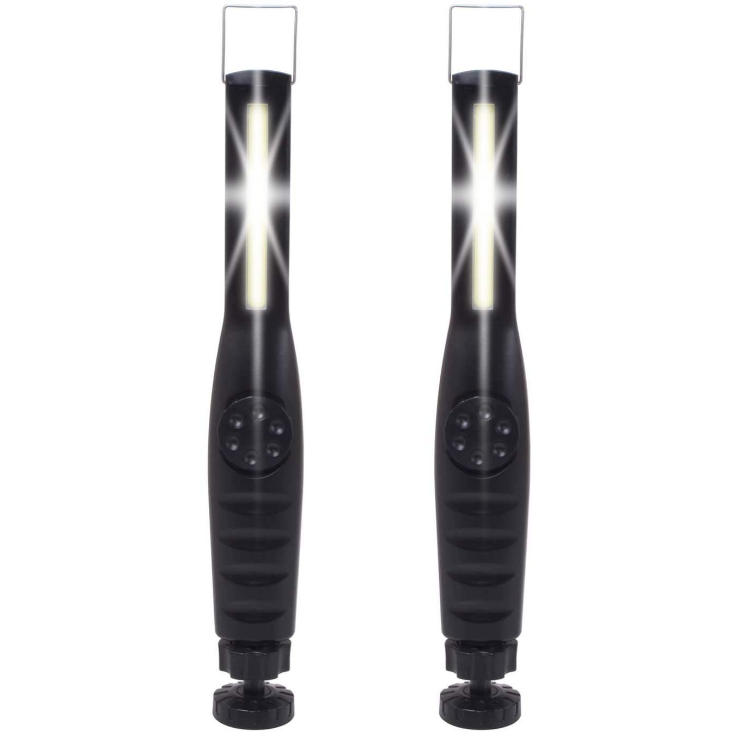 Zwei schwarze Werkstattlampen mit Hängehaken und heller LED-Beleuchtung.
