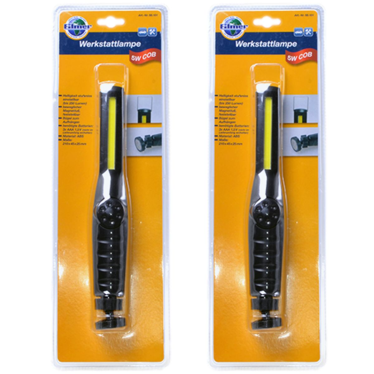 Zwei Werkstattlampen mit gelbem LED-Streifen auf gelbem Karton.