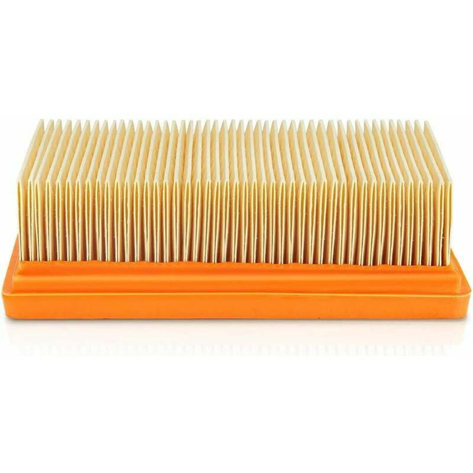Ein rechteckiger Luftfilter mit orangefarbenem Rahmen und gelben Falten.