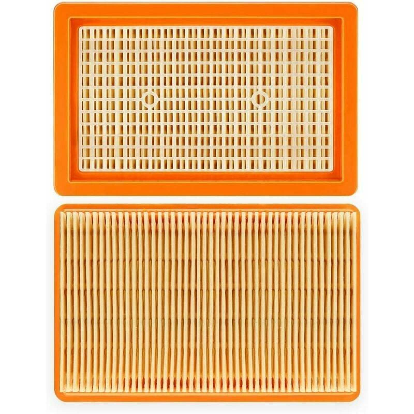 Zwei rechteckige, orange gerahmte Luftfilter sind auf weißem Hintergrund abgebildet, einer mit Gittermuster und der andere mit vertikalen Falten.