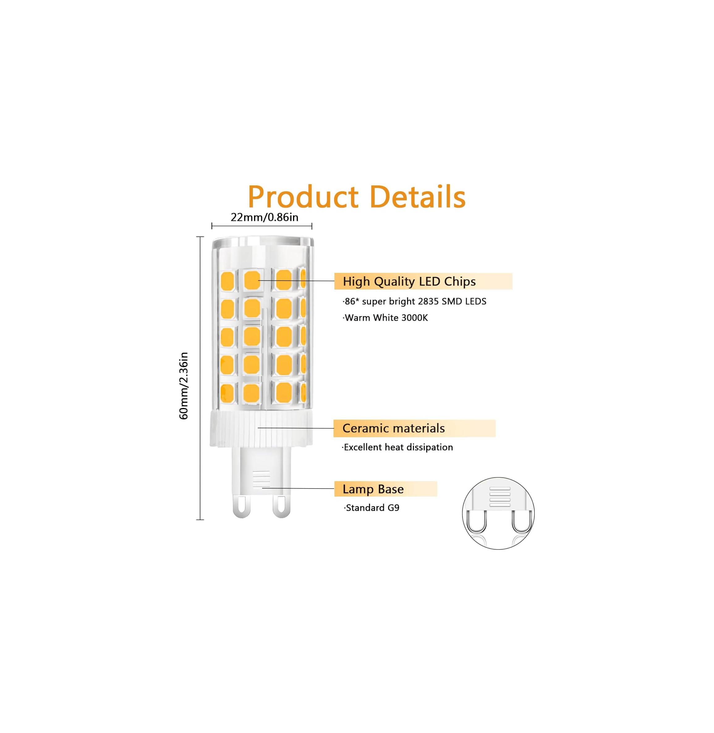 Ein detailliertes Produktbild einer G9 LED-Birne mit Abmessungen und Merkmalen wie LED-Chips, Keramikmaterialien und Lampensockel.