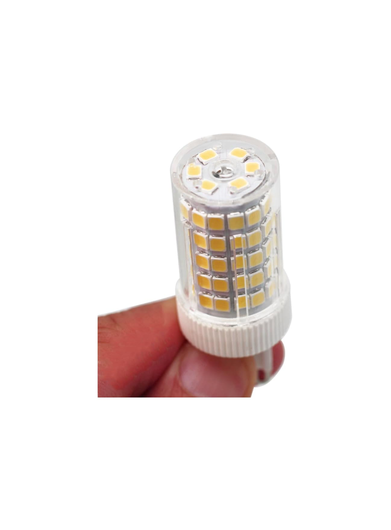 Eine Hand hält eine transparente LED-Lampe mit weißen LEDs.