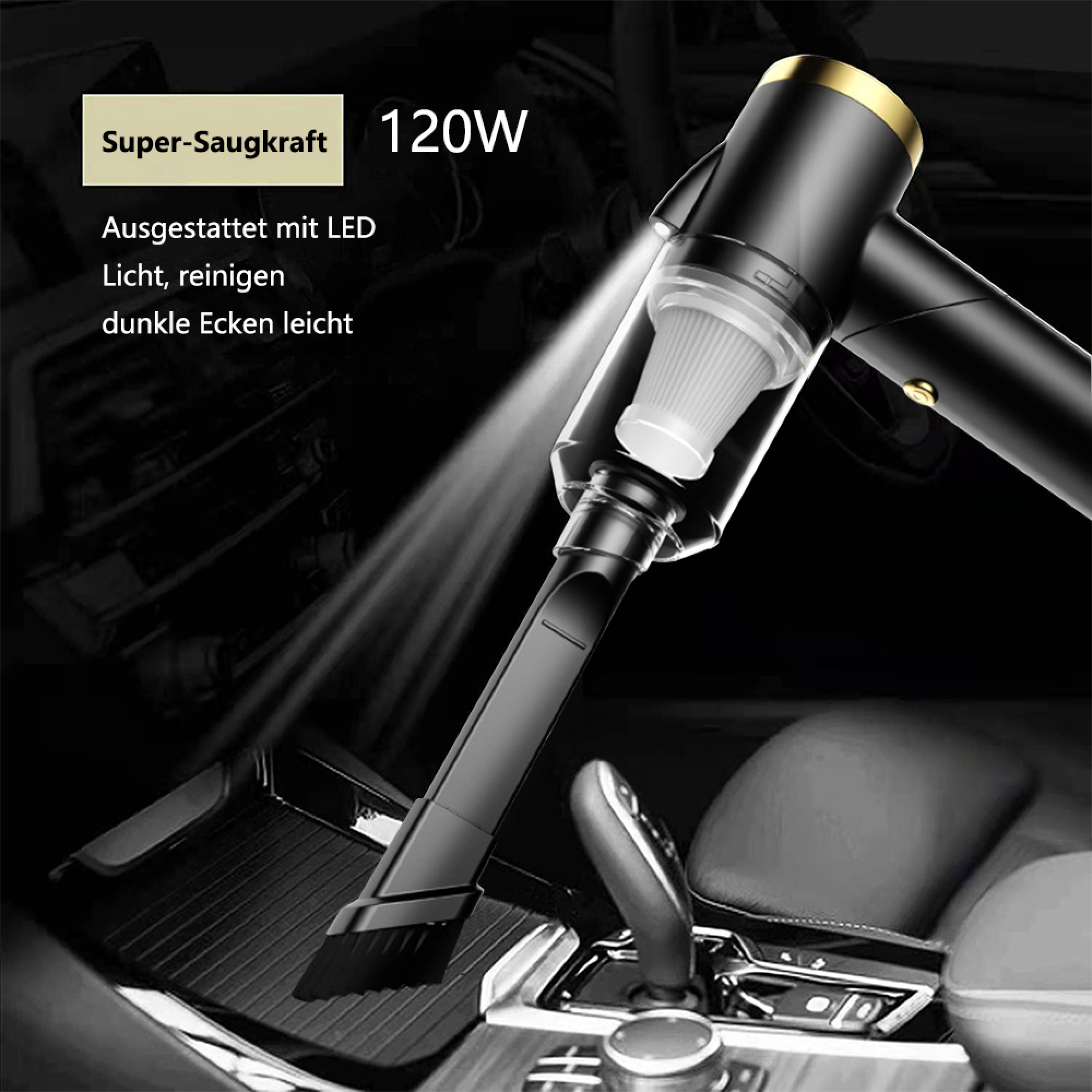 Schwarzer Handstaubsauger mit LED-Licht reinigt Autoinnenraum.