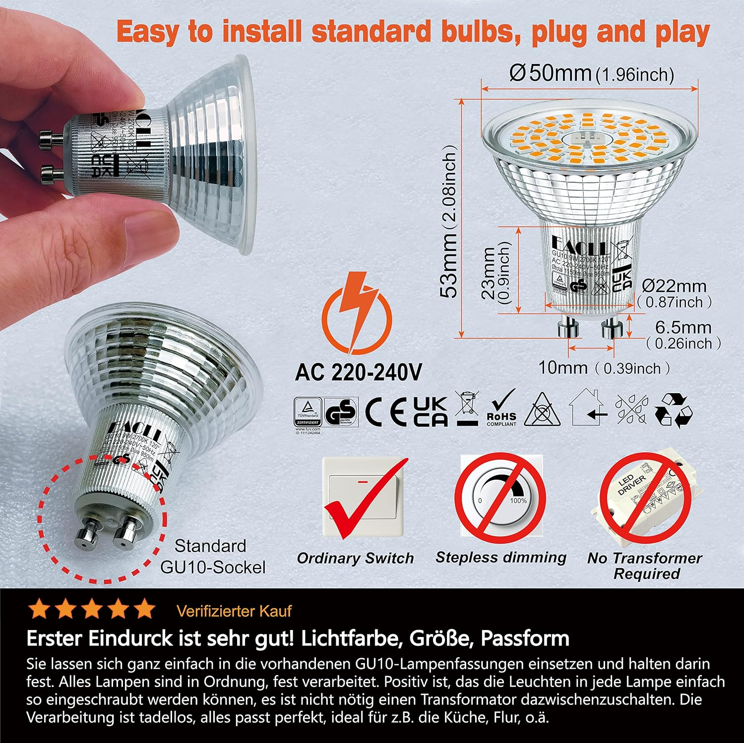 GU10 LED-Lampen mit Maßen und Zertifizierungen. Hand hält eine Lampe.