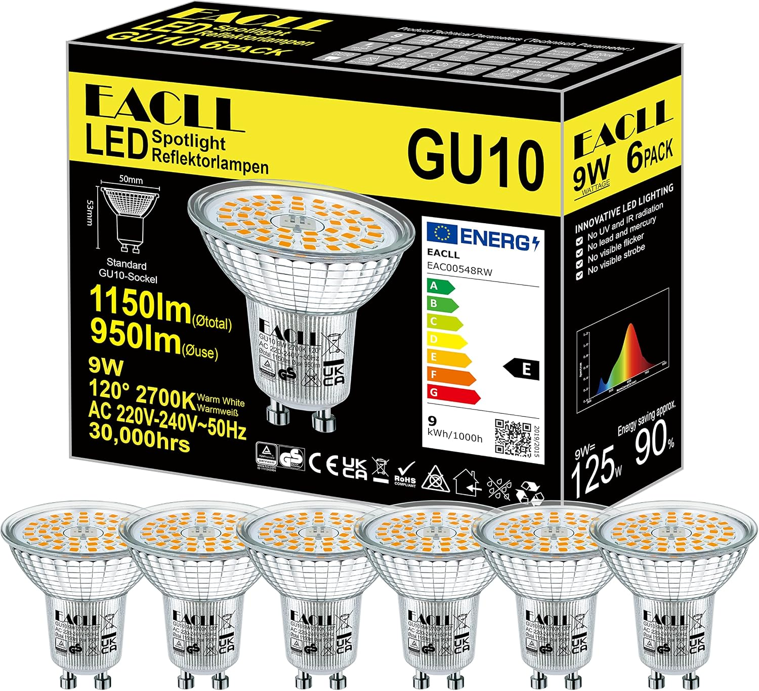 Packung mit 6 GU10 LED-Strahlern, 9W, 2700K, 1150lm, 120° Abstrahlwinkel.