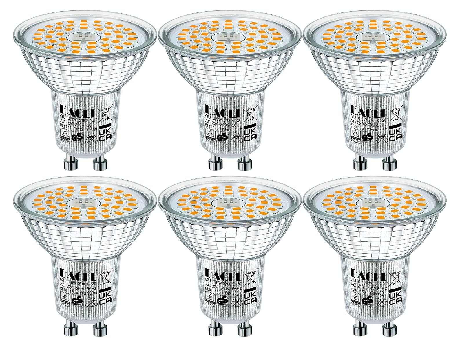 Sechs GU10 LED-Lampen mit Glaskolben und silbernem Metallsockel.