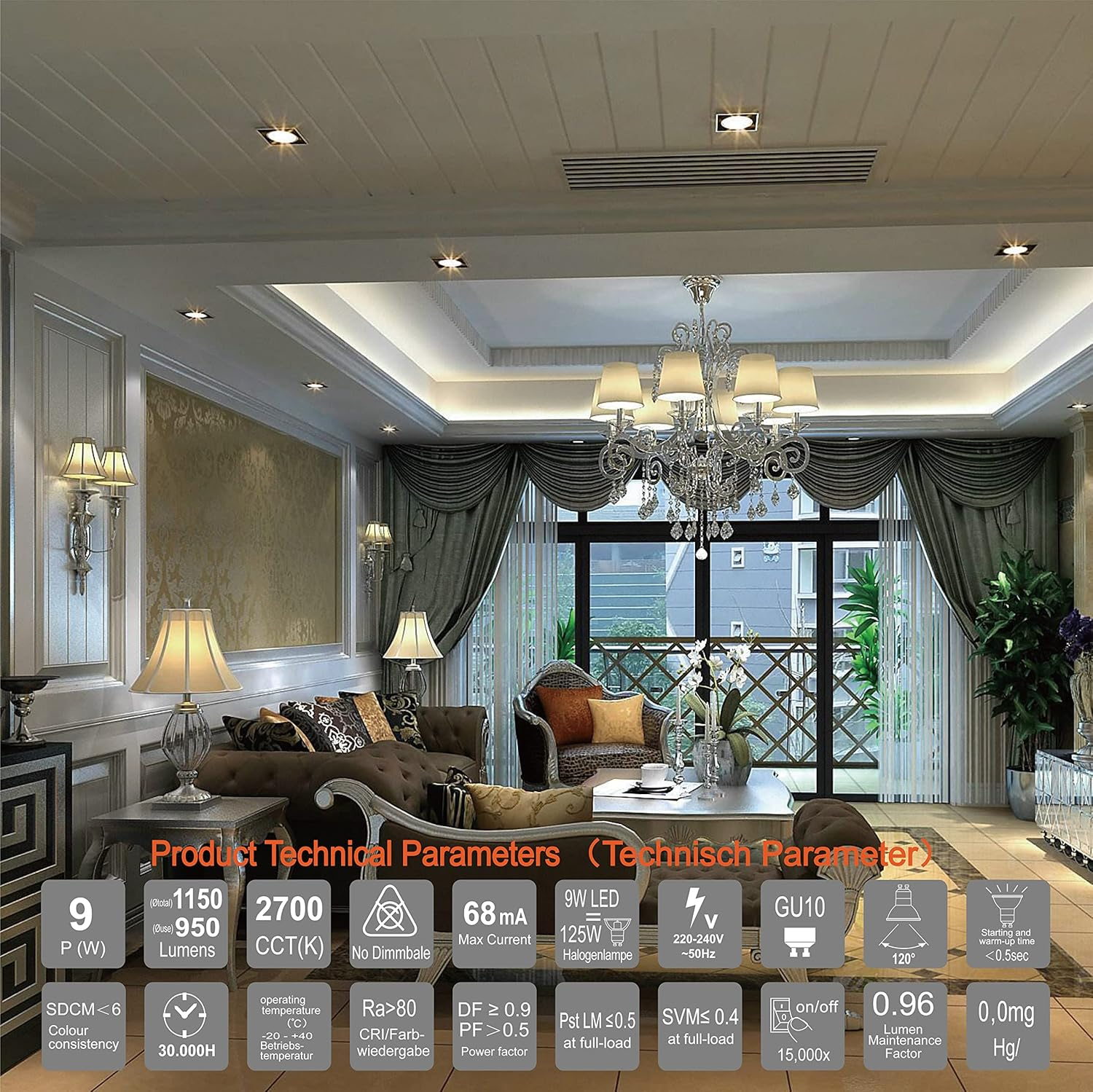 Ein luxuriöses Wohnzimmer mit Kristallleuchter, Sofas, Lampen und Balkonblick. Technische Parameter überlagern das Bild.
