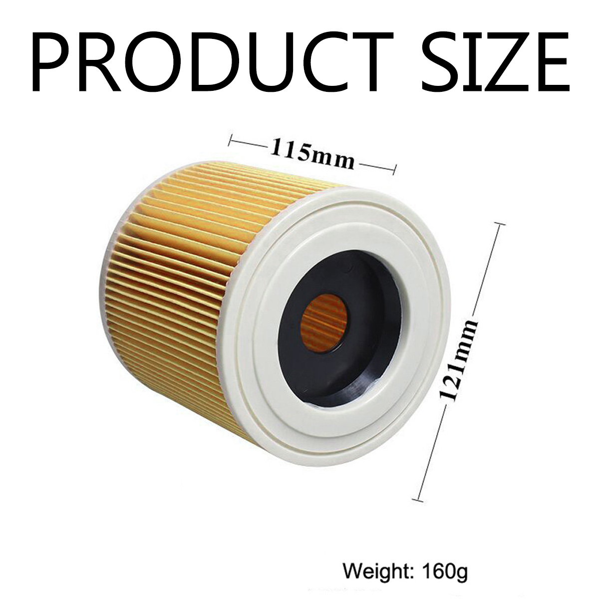 Produktgröße: 115 mm x 121 mm. Ein gelber Faltenfilter mit weißen und schwarzen Enden. Gewicht: 160g.