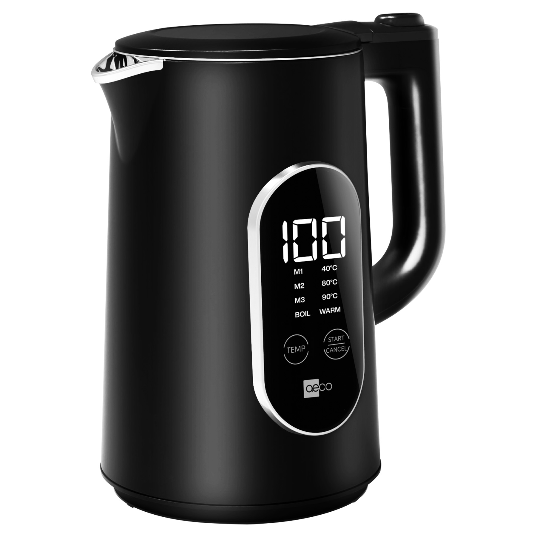 Schwarzer Wasserkocher mit digitaler Anzeige von 100 und Temperatureinstellungen.