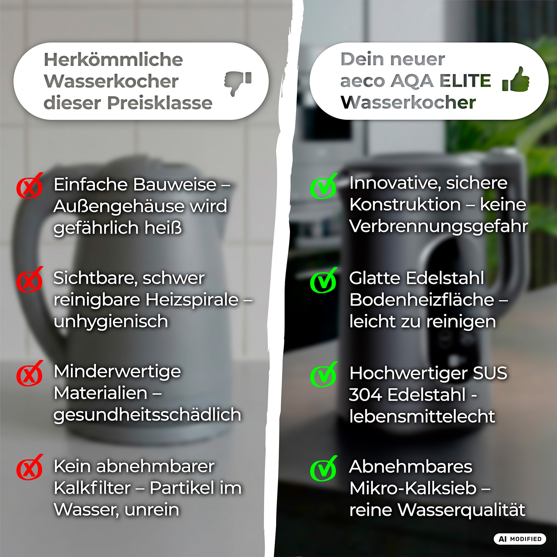 Vergleich von Wasserkochern: Herkömmlich vs. aeco AQA ELITE.