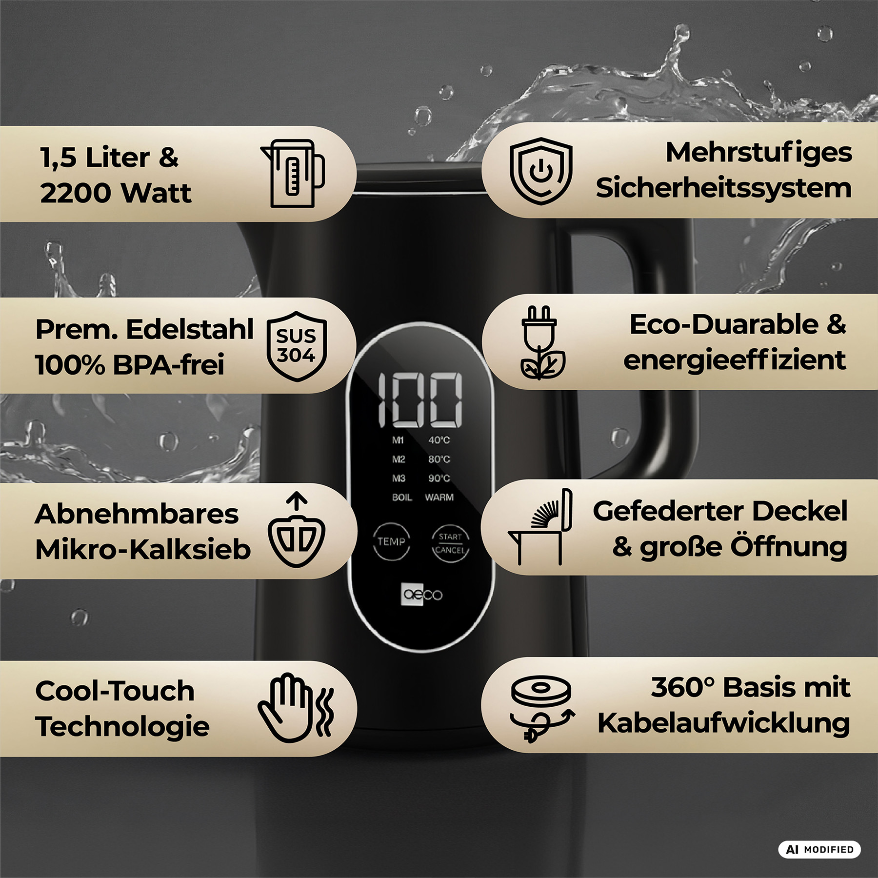 Ein schwarzer Wasserkocher mit Digitalanzeige, die '100' und Temperatureinstellungen anzeigt, umgeben von Feature-Beschriftungen.