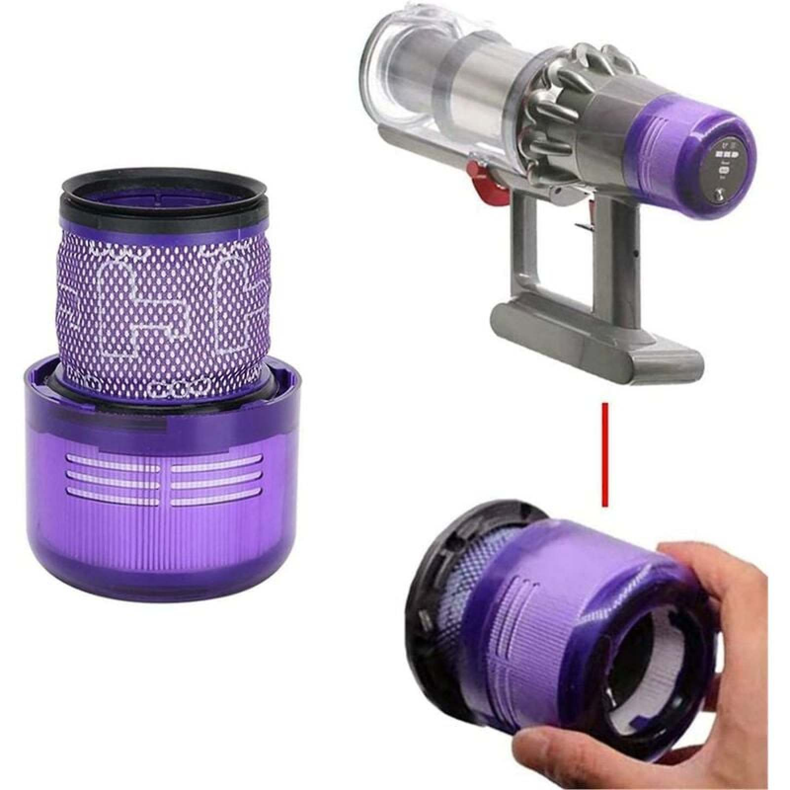 Ein violetter Staubsaugerfilter und Teile eines silbernen Staubsaugergriffs.
