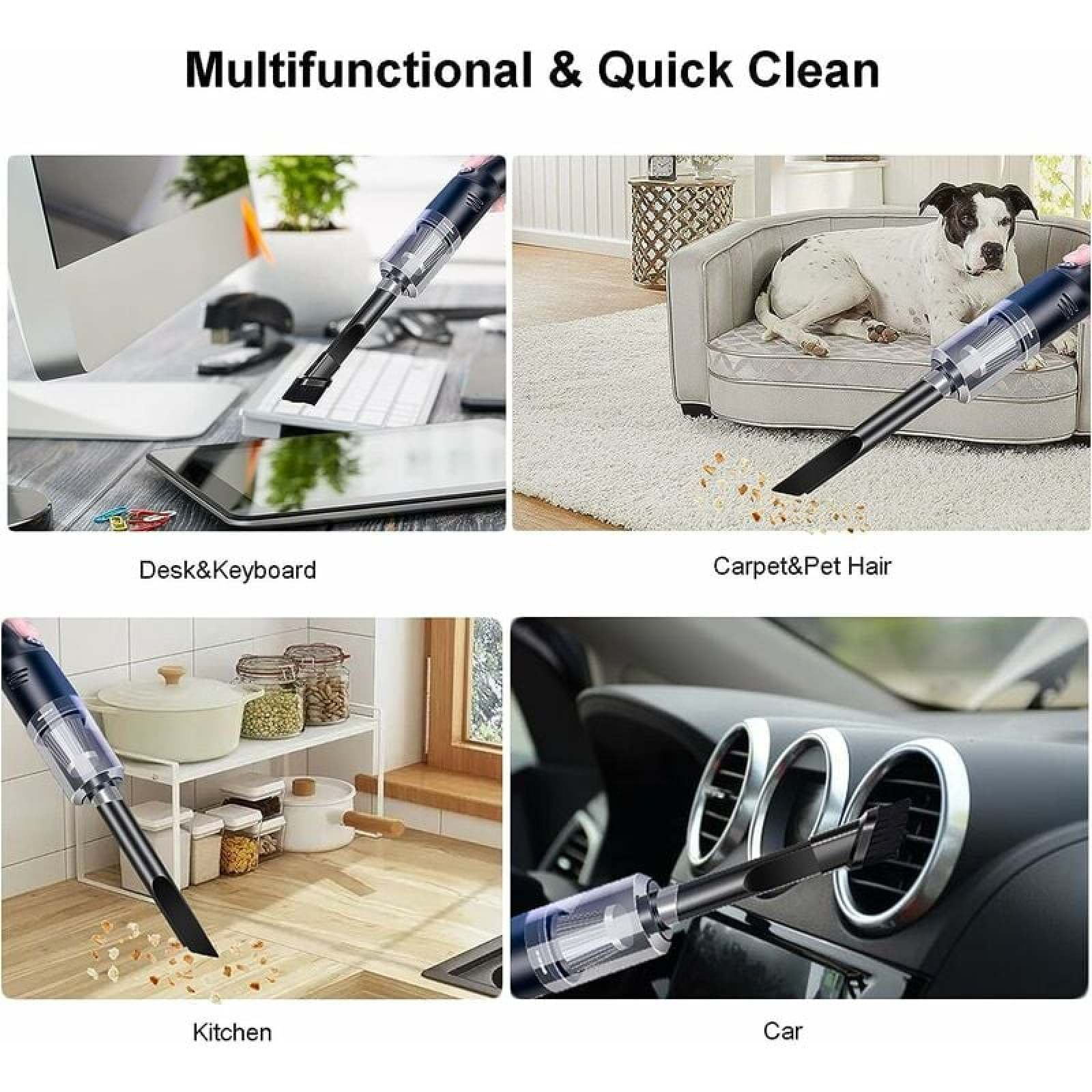 Staubsauger reinigt Schreibtisch, Teppich, Küchentheke und Autoinnenraum.