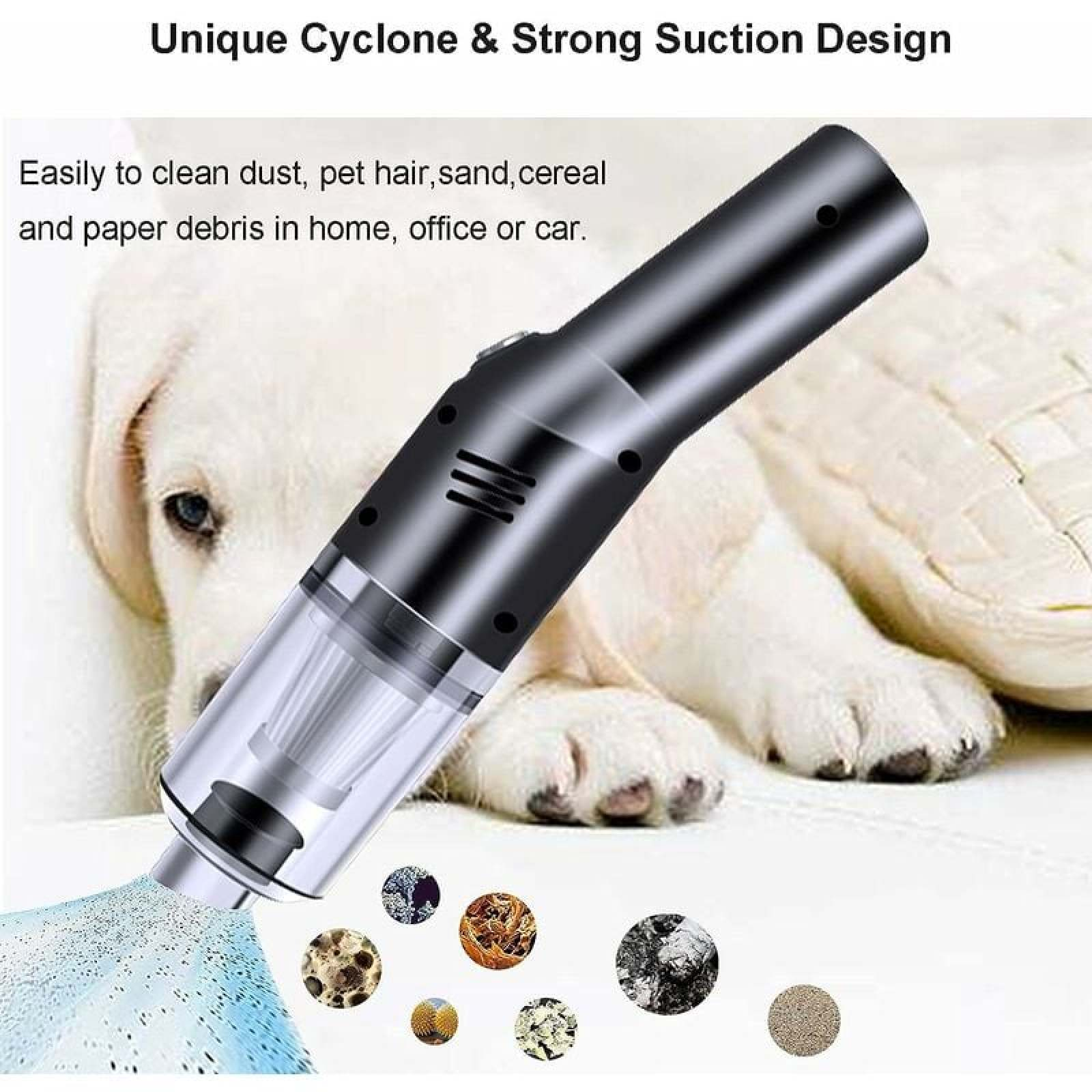 Ein tragbarer Staubsauger reinigt Schmutz vor einem weißen Hund.