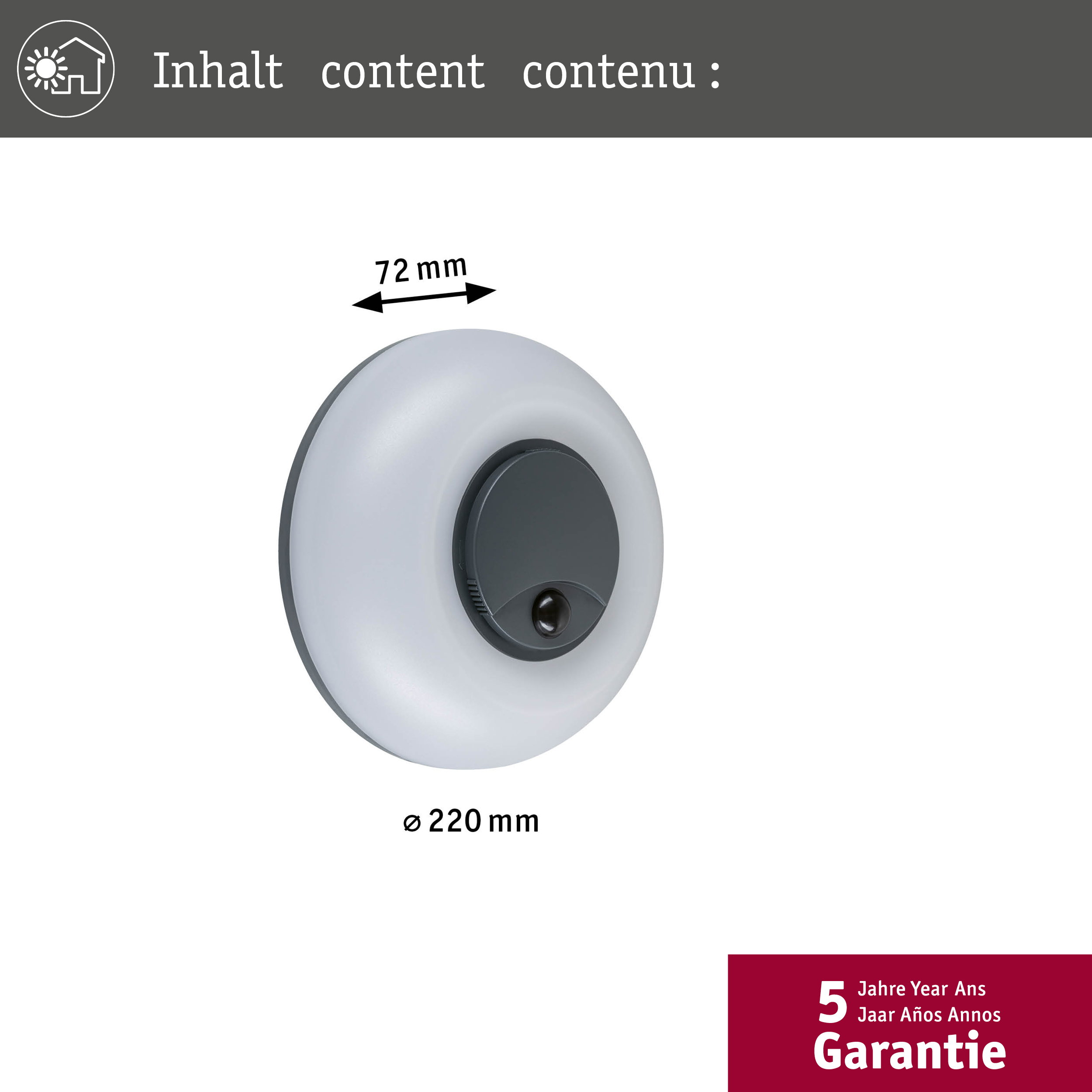 Ein runder, weißer Lampenschirm mit grauem Mittelteil und Maßen.