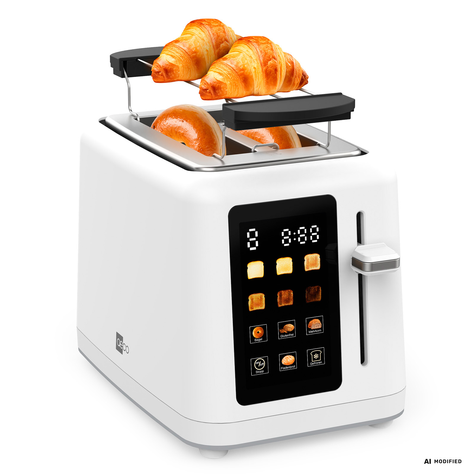 Ein weißer Toaster mit zwei Croissants und Brötchen, digitale Anzeige.