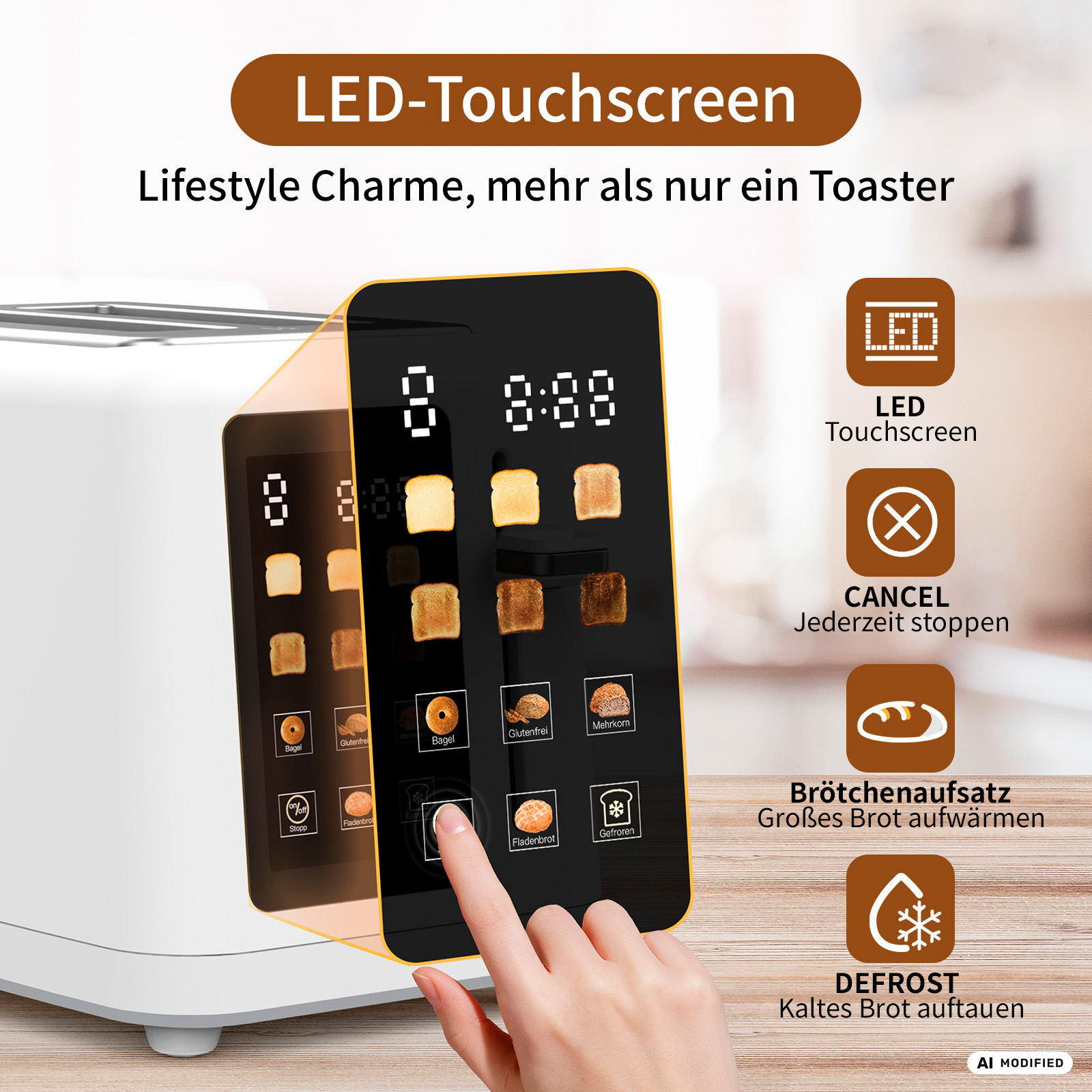 Ein weißer Toaster mit LED-Touchscreen, der verschiedene Brotsorten anzeigt.