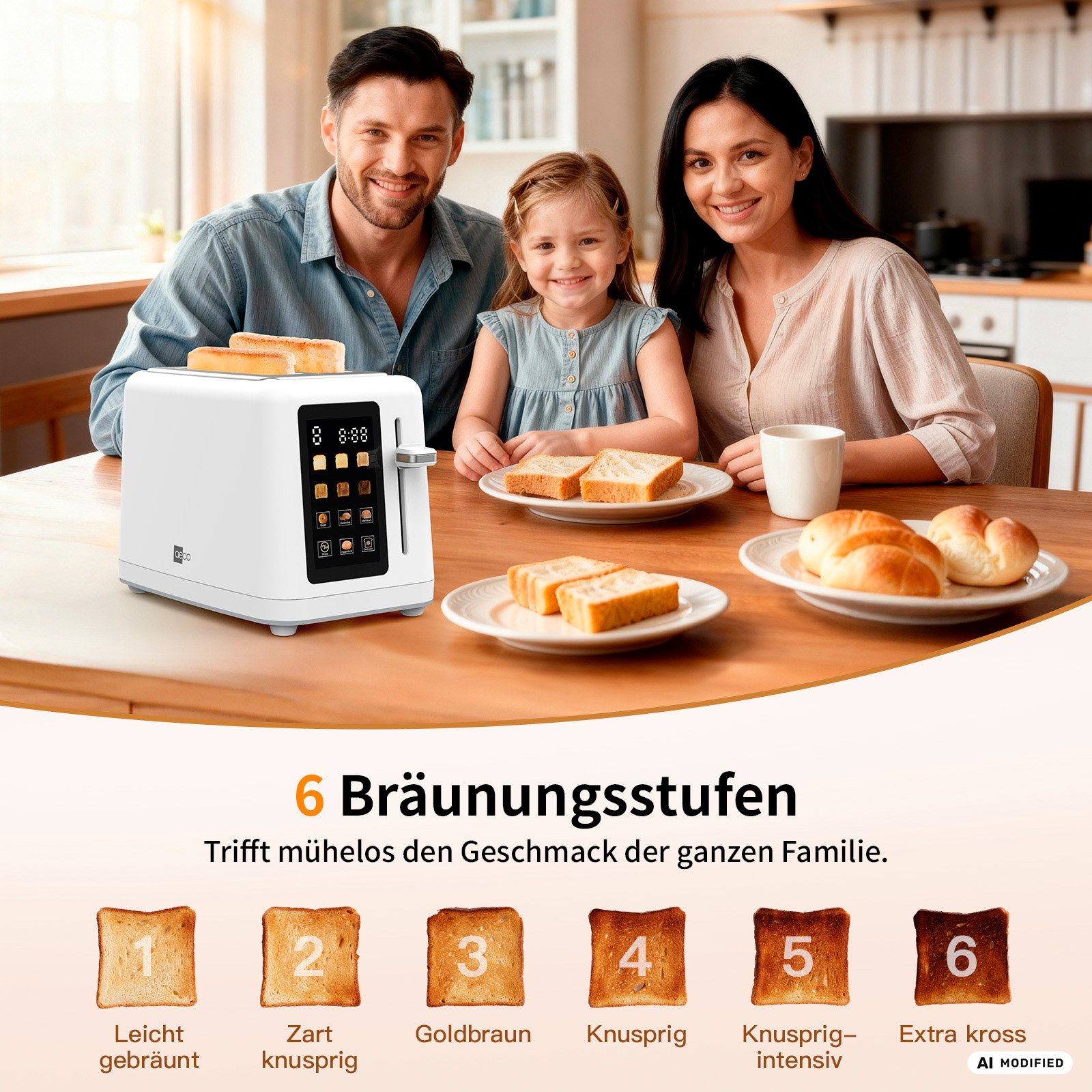 Familie beim Frühstück mit Toaster und verschiedenen Toaststufen.