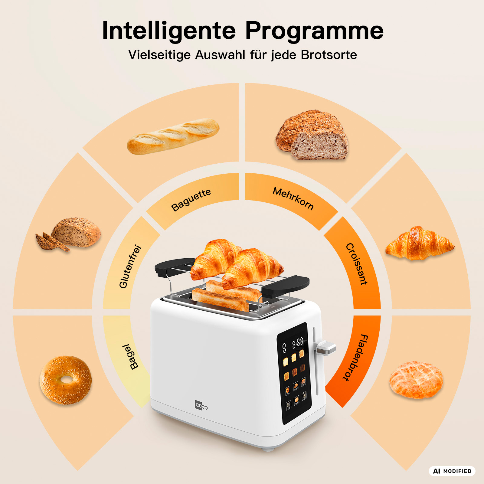 Ein weißer Toaster mit Brotarten und Programmen in einem Kreisdiagramm.