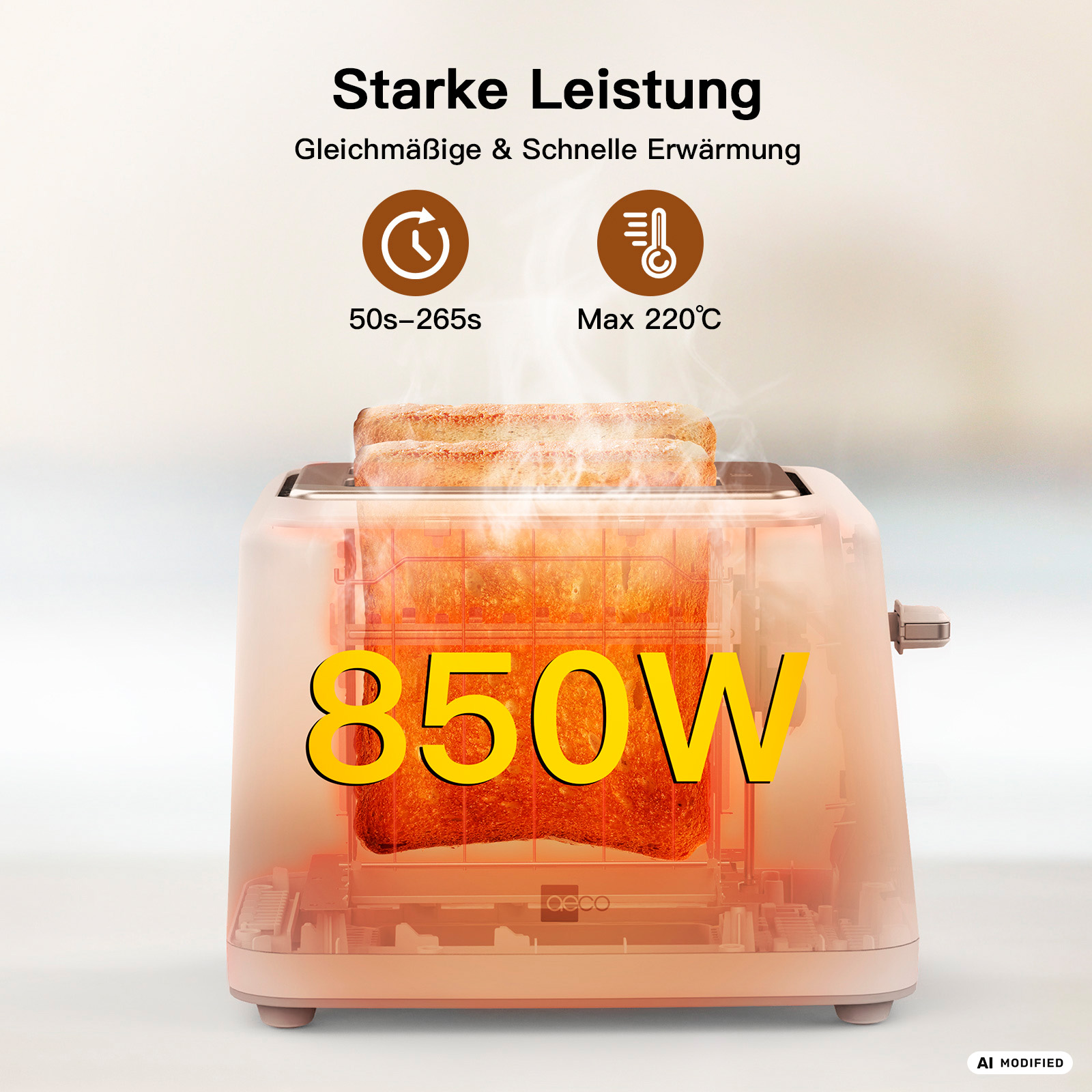 Ein Toaster mit 850W Leistung toastet zwei Brotscheiben. Anzeige für Zeit und Temperatur.
