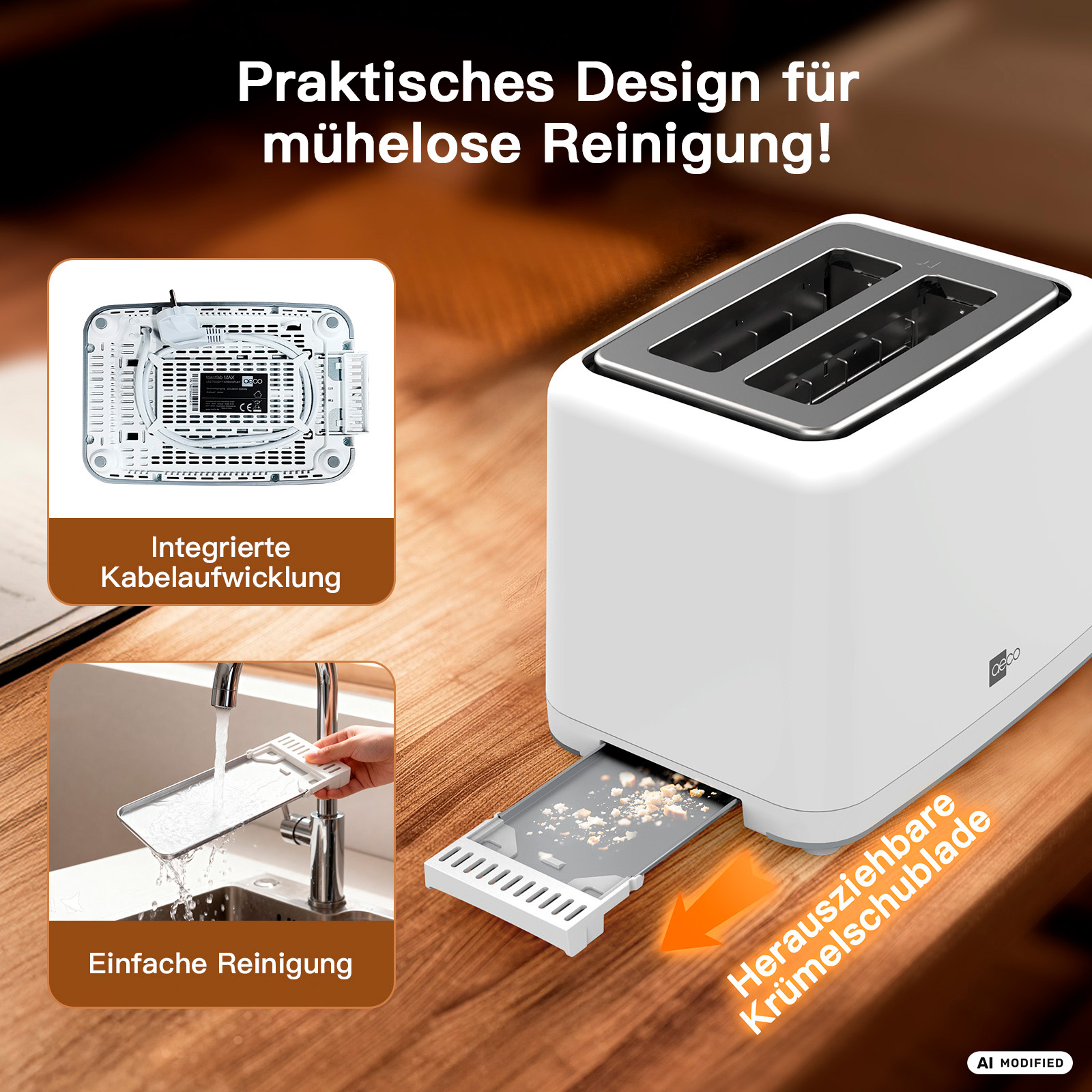 Ein weißer Toaster mit Krümelschublade, Kabelaufwicklung und einfacher Reinigung.