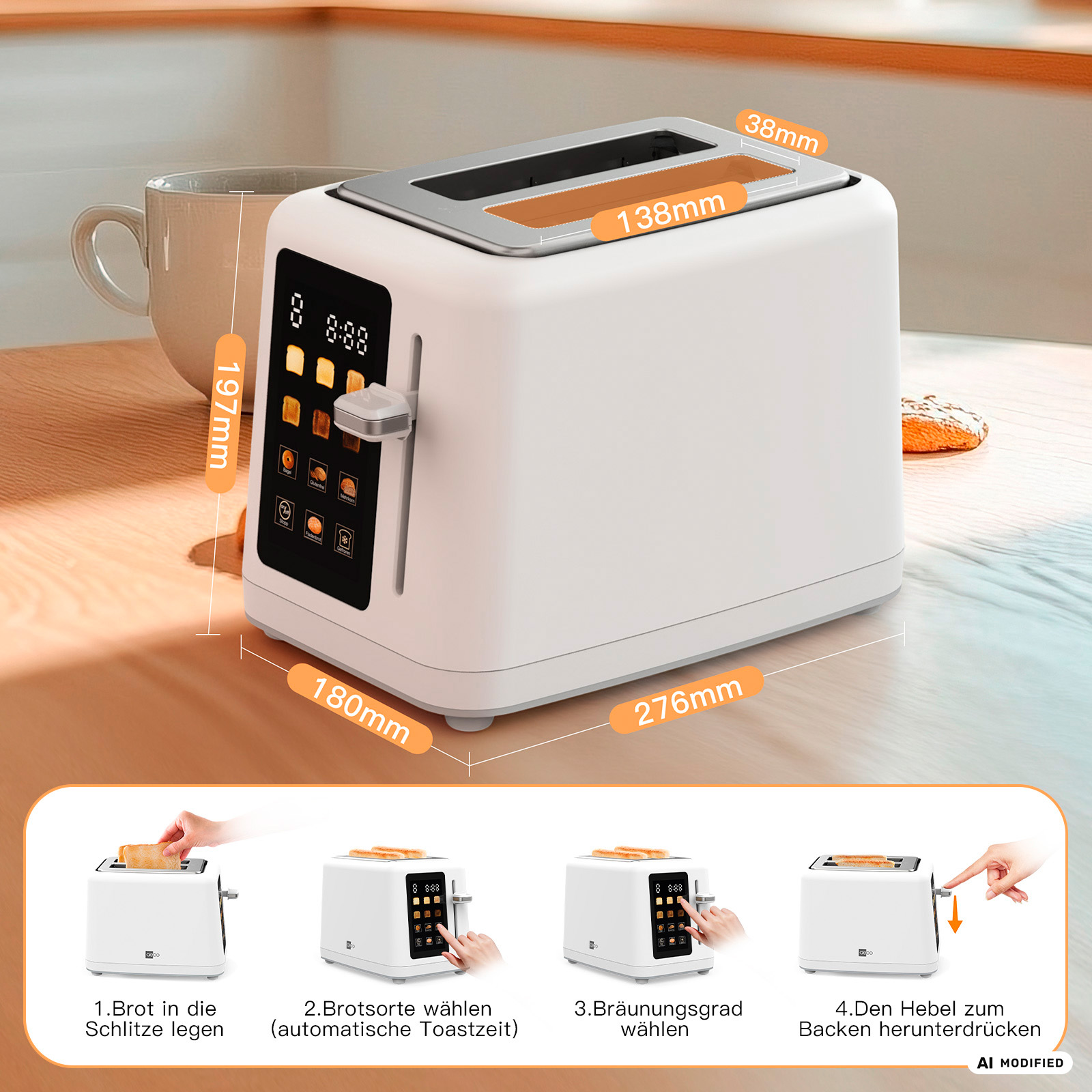 Ein weißer Toaster mit silbernen Akzenten und einer Digitalanzeige, die Maße und Nutzungsschritte zeigt, auf einer Holztheke.