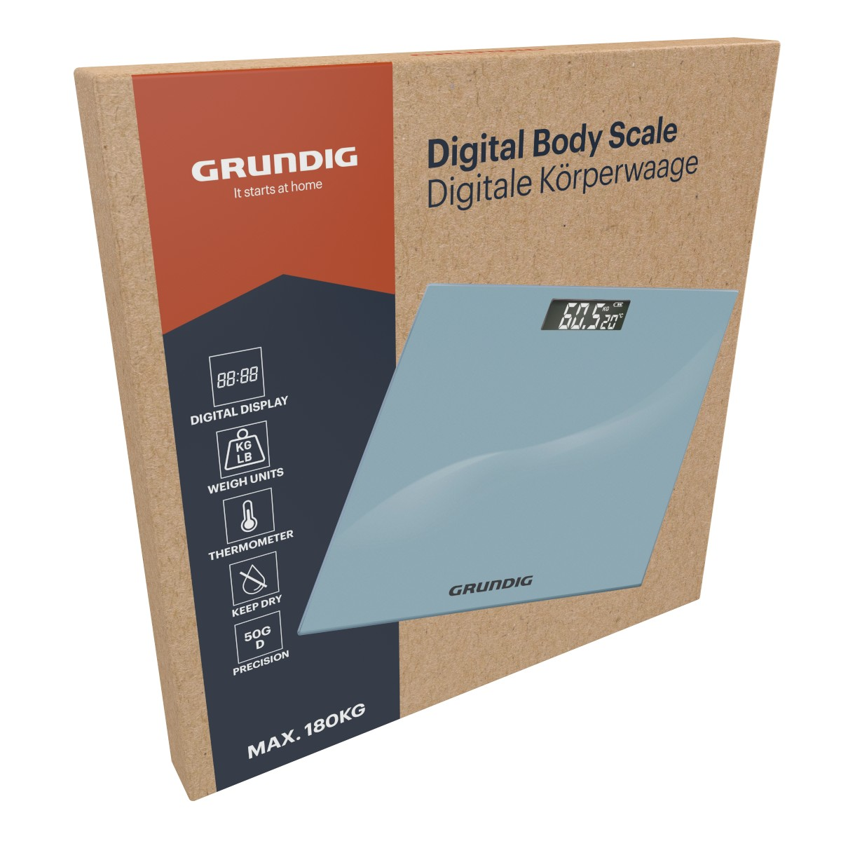 Emballage d'une balance corporelle numérique bleue avec logo Grundig et valeurs d'affichage.