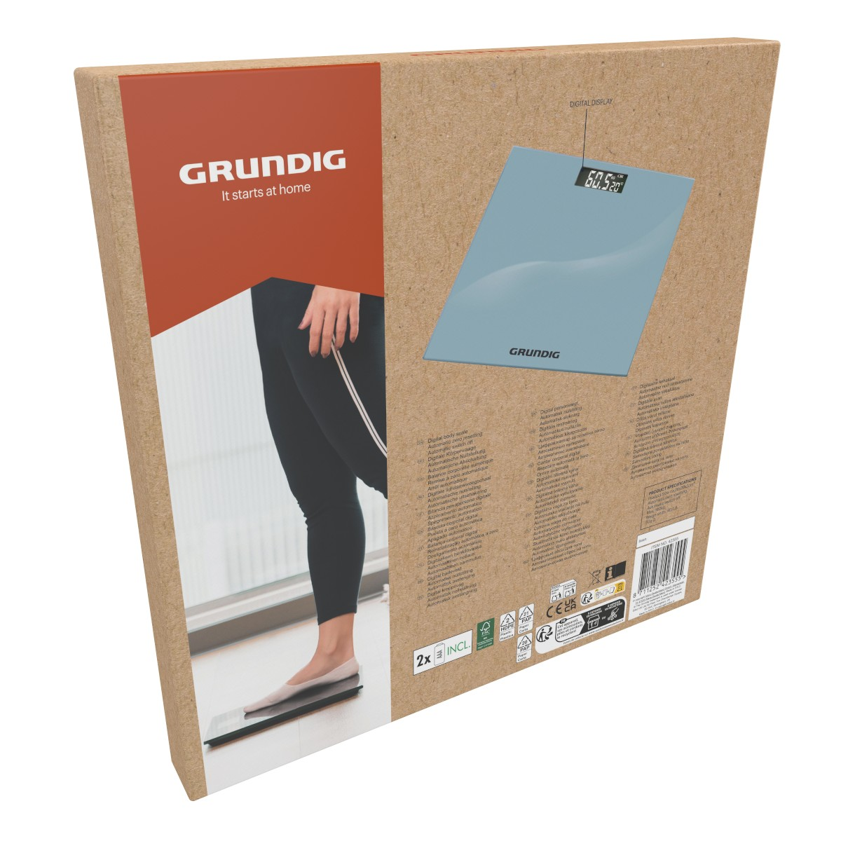 Pèse-personne Grundig sur emballage carton, avec écran numérique.