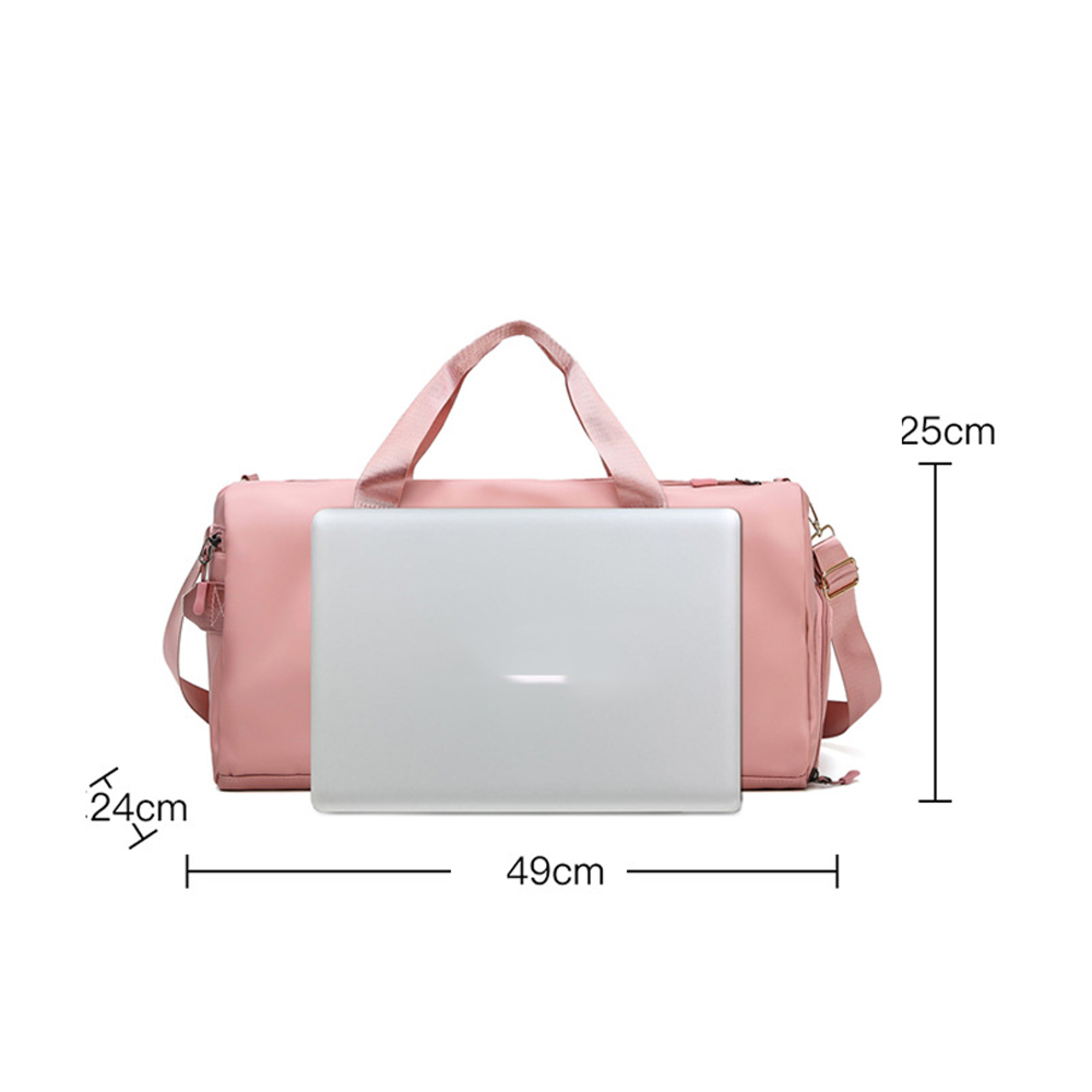 Eine rosafarbene Reisetasche mit silbernem Laptop daneben. Maße: 49x25x24cm.