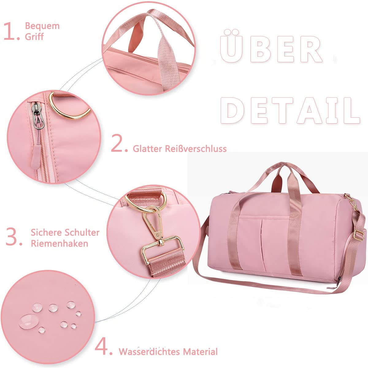 Eine rosafarbene Reisetasche mit Details wie Griff, Reißverschluss, Riemenhaken und wasserdichtem Material.